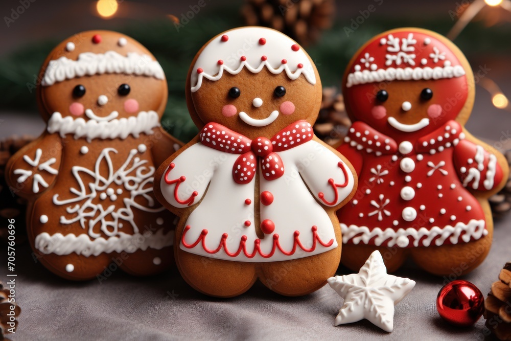  a group of three gingerbread men standing next to each other on top of a table next to a pine cone and a christmas tree with lights in the background.