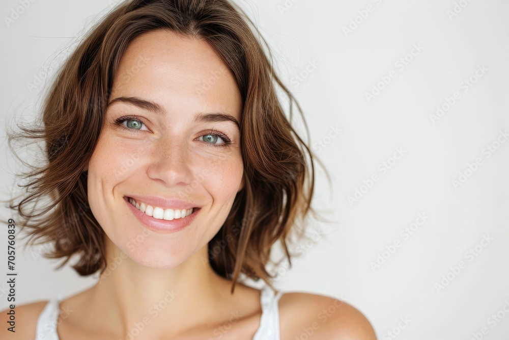 Radiant portrait of a European woman with a bright smile, white background Radiant portrait of a European woman with a bright smile, white background