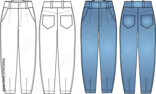Slouchy Jeans Denim pants fashion flat technical drawing template. Balloon Jeans pants high waist, oversize, pockets, women, men, front view, back view. Technical sketch. Vector illustration mom jeans