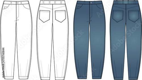 Slouchy Jeans Denim pants fashion flat technical drawing template. Balloon Jeans pants high waist, oversize, pockets, women, men, front view, back view. Technical sketch. Vector illustration.mom jeans