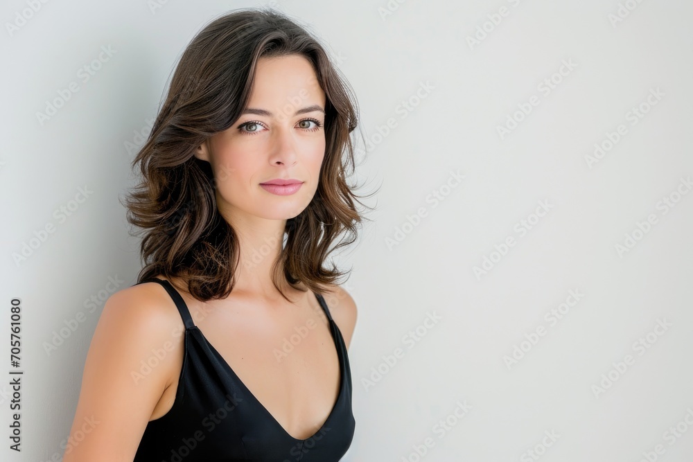 Sophisticated portrait of a European woman in a cocktail dress, white background Sophisticated portrait of a European woman in a cocktail dress, white background