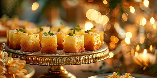 Shahi Tukray Royalty: A dessert table featuring saffron-infused bread pudding - Rich Decadence and Saffron Elegance - Soft, golden lighting highlighting the regal nature of this indulgent treat photo