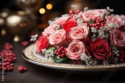 a bouquet of pink roses and baby's breath sits on a plate on a table next to some red berries and a gold plate with a gold ornament.