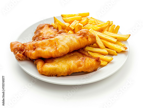 A plate of fish and chips isolated on white background. Minimalist style.