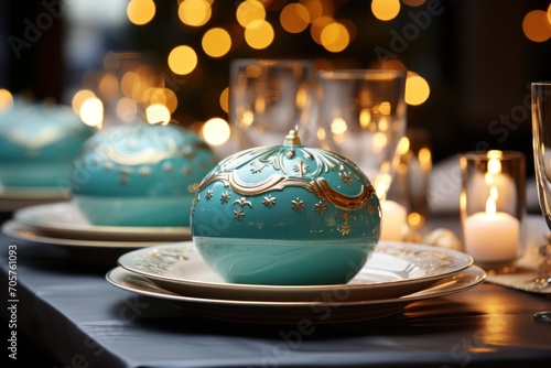  a close up of a plate on a table with a blue ball on it and a lit candle in the middle of the table in front of a blurry background.