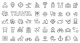Travel icons in line design. Vacation, tourism, tour, suitcase, holiday pictograms isolated on white background vector. Travel editable stroke icon.