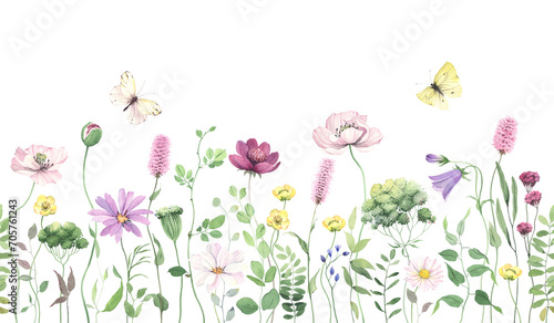 Fototapeta Naklejka Na Ścianę i Meble -  Wildflowers, green wild plants and flying butterflies, seamless pattern with colored flowers, watercolor isolated illustration, floral horizontal border, hand painting summer meadow, nature background