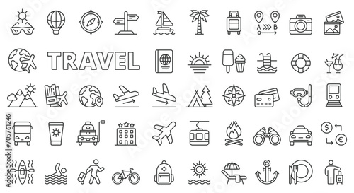 Travel icons in line design. Vacation  tourism  tour  suitcase  holiday pictograms isolated on white background vector. Travel editable stroke icon.