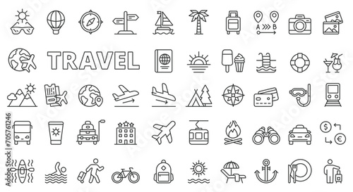 Travel icons in line design. Vacation, tourism, tour, suitcase, holiday pictograms isolated on white background vector. Travel editable stroke icon.