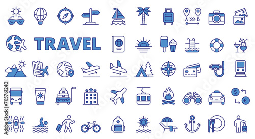Travel icons in line design blue. Vacation, tourism, tour, suitcase, holiday pictograms isolated on white background vector. Travel editable stroke icon.