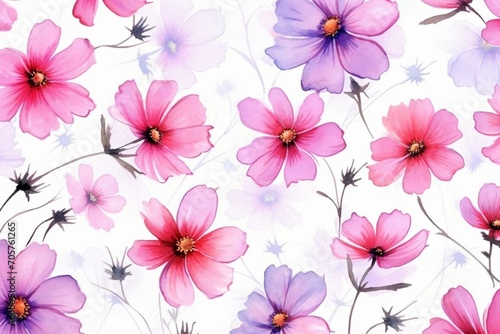 Floral pattern with vibrant watercolor cosmea flowers. Generative AI photo