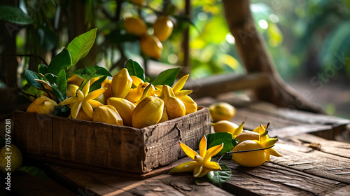 delicious carambola fruit in a wooden box on the background of nature. photo