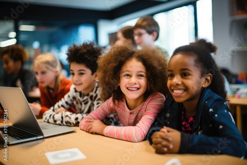 Portrait of smiling african american schoolchildren using laptop in classroom, Enthusiastic kids of different nationality working on technology project at school, AI Generated