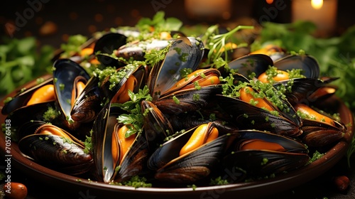  a bowl of steamed mussels on a bed of green lettuce and garnished with parsley in a dark room with candles in the background.