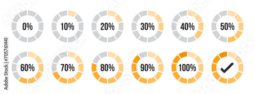 Percentage infographics in yellow color shades. Circle loading or circle progress collection. Set of circle percentage diagrams for infographic 0 10 20 30 40 50 60 70 80 90 100 percent in yellow color