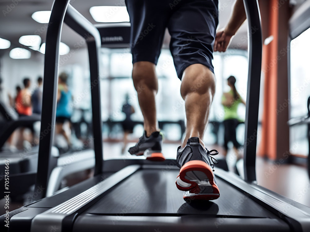 Legs Of Sportsman Running On Treadmill In Fitness Gym Center