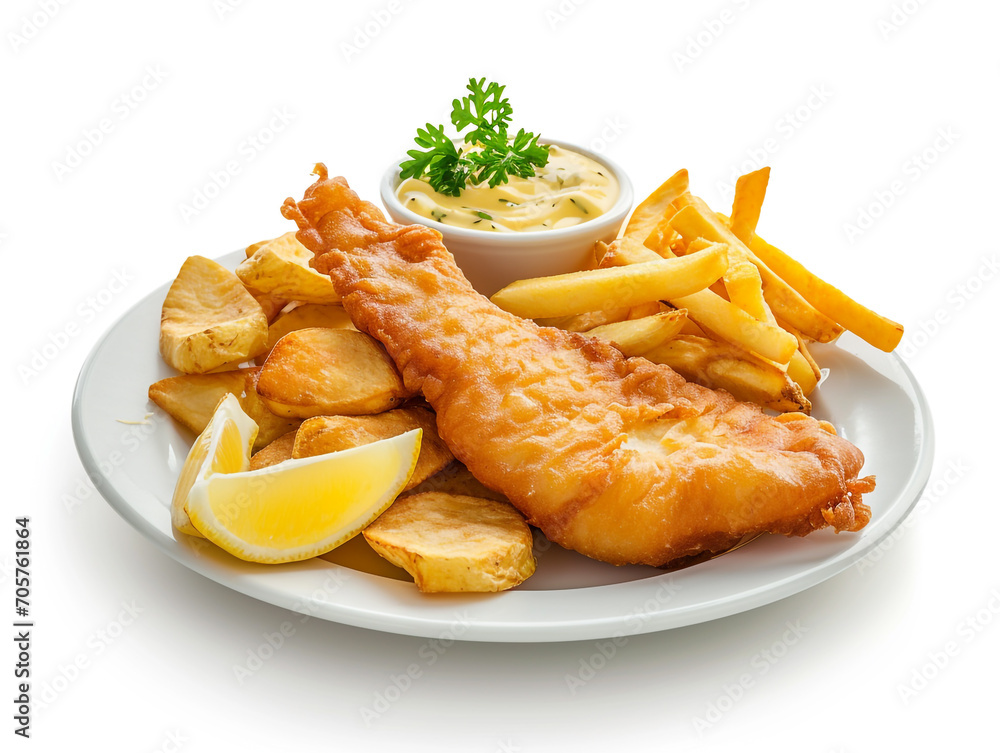 A plate of fish and chips isolated on white background. Minimalist style. A plate of fish and chips isolated on white background. Minimalist style.