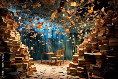 Pile of old books in a room with blue curtains. 3d rendering, Enter a whimsical literary wonderland where floating books create enchanting pathways of words and ideas, AI Generated photo