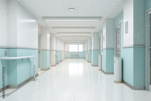 3d render of hospital corridor with blue walls and white floor, AI Generated