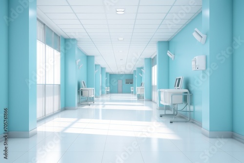 Blue hospital corridor with blue walls and blue doors. 3d rendering, AI Generated © Iftikhar alam