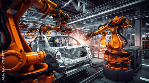 Component Installation and Quality Control of body car assembly. Fully Automated car assembly Line Equipped with High Precision Robot Arms at Car Factory photo