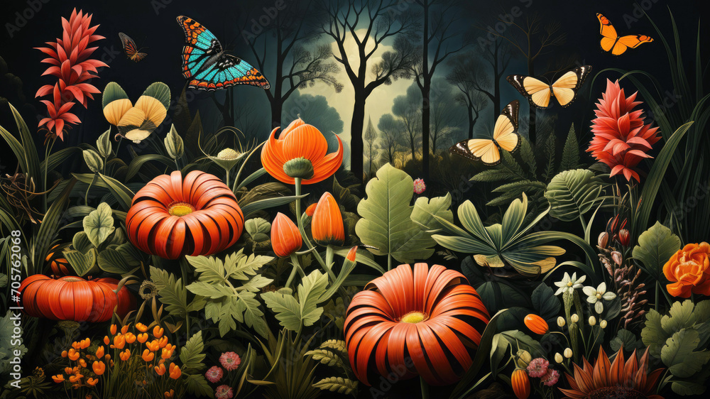 Fototapeta premium Illustration of nature, plants, flowers and butterflies in a dark style.