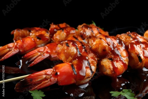  a close up of shrimp skewers on a black plate with ketchup drizzled on top of the skewers and garnished with parsley.