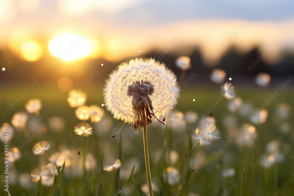  a close up of a dandelion in a field with the sun in the background and a blurry sky in the foreground of the dandelion.