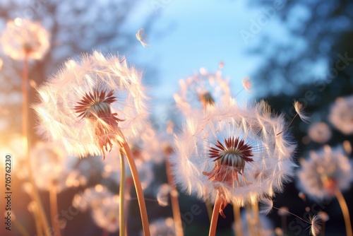 a close up of a bunch of dandelions with the sun shining through the leaves of the dandelions in the foreground of the photo  with a blue sky in the background.