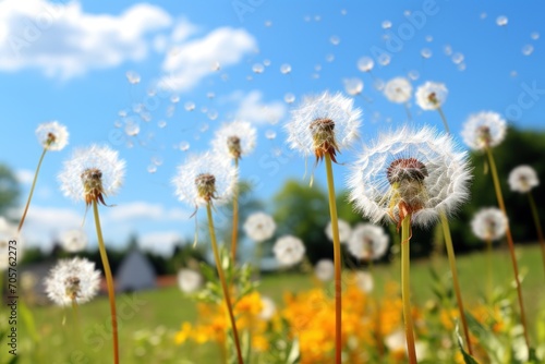  a bunch of dandelions blowing in the wind in a field of grass and flowers with a blue sky in the back ground and a few clouds in the background.