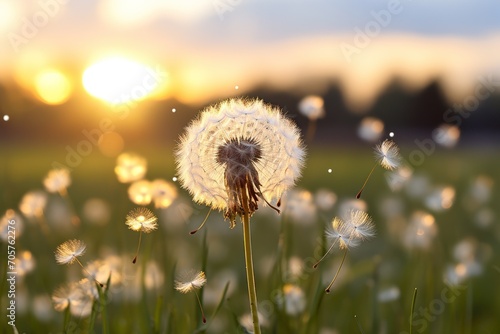  a close up of a dandelion in a field with the sun in the background and a blurry sky in the foreground of the dandelion.