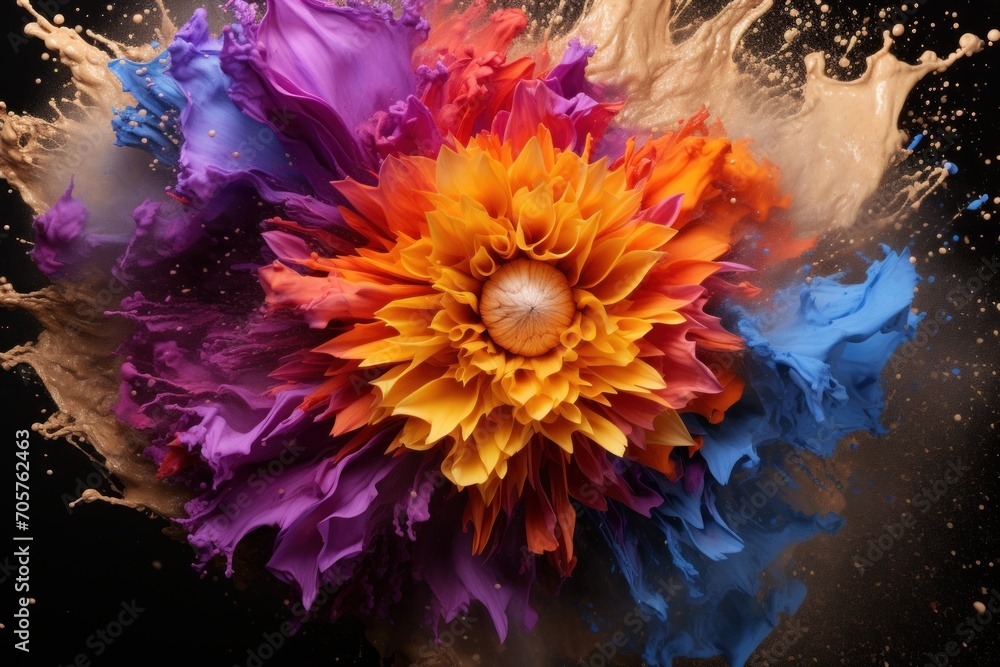  a multicolored flower with water splashing out of it's center and a black background that appears to be a mixture of orange, blue, yellow, red, purple, and pink, and orange.