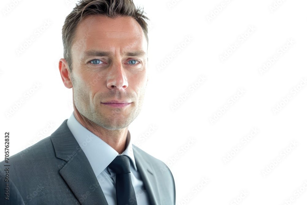 Suited portrait of a European businessman, corporate look, white background Suited portrait of a European businessman, corporate look, white background