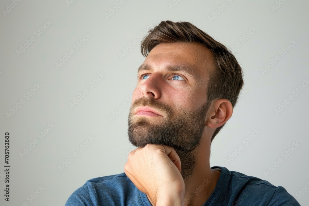 Thoughtful portrait of a European man, introspective look, white background Thoughtful portrait of a European man, introspective look, white background
