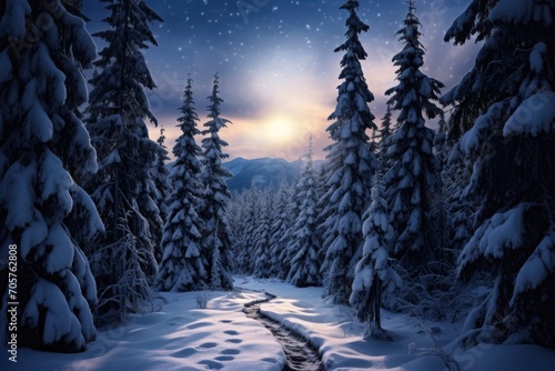 A serene winter landscape with a clear path meandering through a pristine snow covered forest., A snowy forest with fir trees and a bright full moon, AI Generated