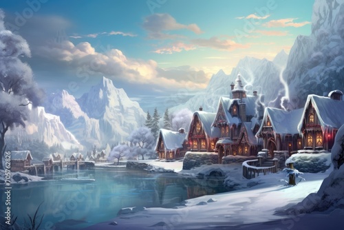 An exquisite painting capturing the serene beauty of a snowy village nestled by a shimmering lake., A snow-covered village with dainty cottages around a frozen lake, AI Generated