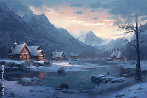 An exquisite painting capturing a serene winter scene featuring a lake and charming houses., A snow-covered village with dainty cottages around a frozen lake, AI Generated