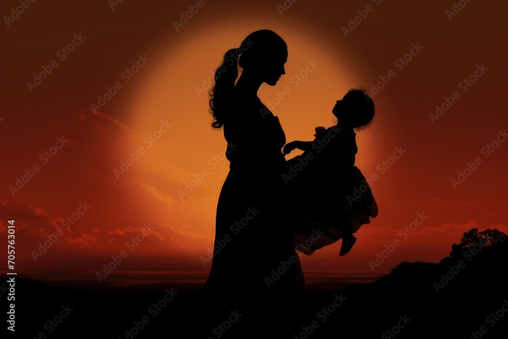 A beautiful silhouette of a woman embracing her child against a breathtaking sunset backdrop., A silhouette of a mother holding her child against the sunset, AI Generated