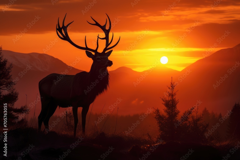 A stunning silhouette of a deer standing on a hilltop, beautifully framed by a vibrant sunset sky., A silhouette of a stag during the golden-hour sunrise, AI Generated A stunning silhouette of a deer standing on a hilltop, beautifully framed by a vibrant sunset sky., A silhouette of a stag during the golden-hour sunrise, AI Generated
