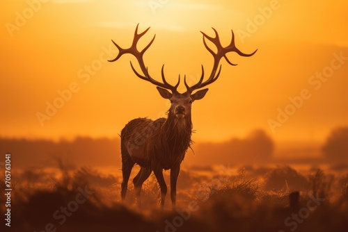 A striking image of a deer with long antlers standing confidently in a spacious field.  A silhouette of a stag during the golden-hour sunrise  AI Generated