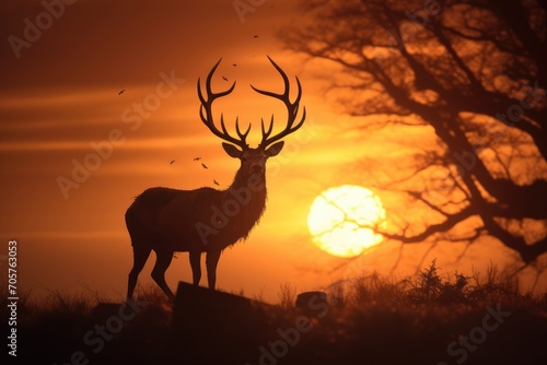 A deer stands gracefully on a lush grass covered field, blending harmoniously with its natural surroundings., A silhouette of a stag during the golden-hour sunrise, AI Generated