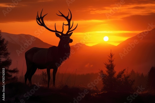 A stunning silhouette of a deer standing on a hilltop, beautifully framed by a vibrant sunset sky., A silhouette of a stag during the golden-hour sunrise, AI Generated