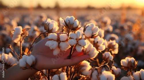  a person's hand holding a bunch of cotton in front of a field of cotton florets with the sun setting on the horizon in the back ground. photo