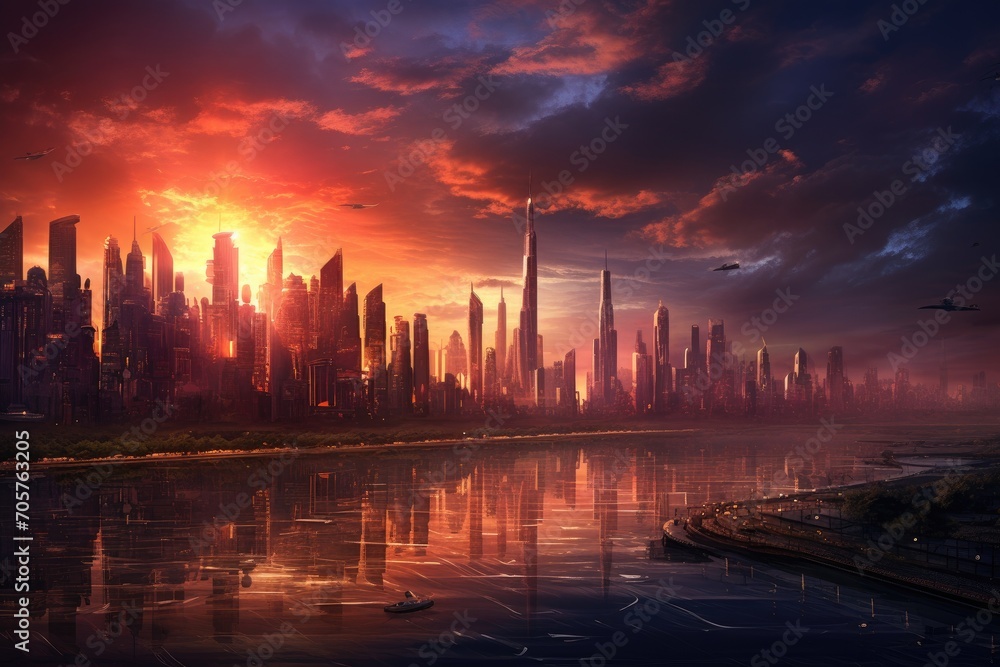 A breathtaking view of a modern, high-tech cityscape set against a stunning sunset backdrop., A skyscraper during sunset in a bustling city, AI Generated A breathtaking view of a modern, high-tech cityscape set against a stunning sunset backdrop., A skyscraper during sunset in a bustling city, AI Generated