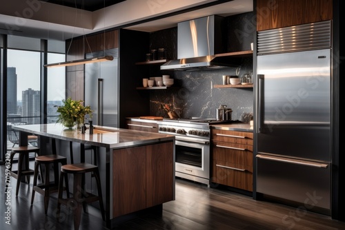 A sleek, contemporary kitchen featuring a stainless steel refrigerator as its focal point., A sleek, modern kitchen with stainless steel appliances, AI Generated