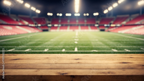 empty wooden table for product presentation with blurry football field background