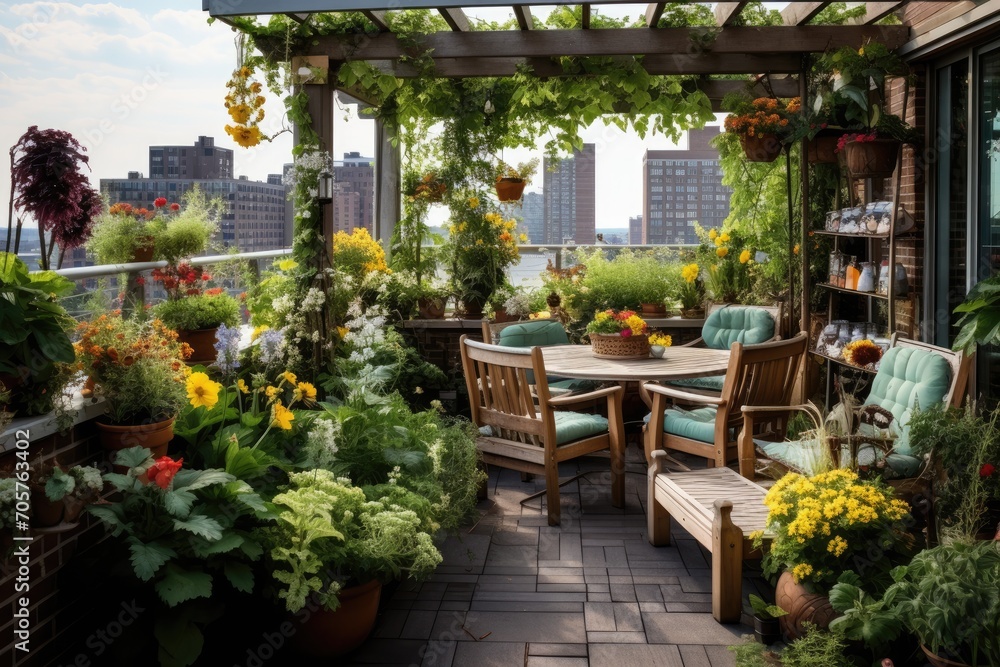 Vibrant Patio Overflowing With Lush Plants and Blooming Flowers, A small urban rooftop garden with a variety of plants and flowers, AI Generated