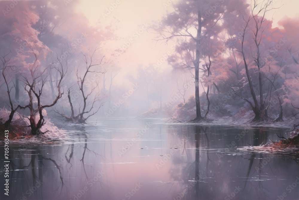 Landscape Painting of a Serene Lake Amidst Lush Trees and Natures Beauty, A smoky essence of peace and tranquility in muted pastels, AI Generated Landscape Painting of a Serene Lake Amidst Lush Trees and Natures Beauty, A smoky essence of peace and tranquility in muted pastels, AI Generated