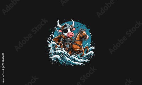 cow wearing viking hat riding horse on sea vector artwork design