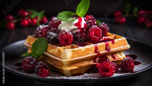 Tasty Belgian waffle with fresh berries served on wooden table. Belgian Waffle with raspberries and mint. Culinary, cooking, bakery concept. Food recipe background. Close up.
